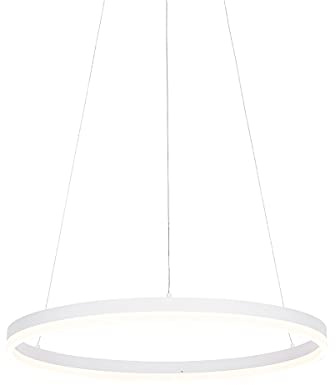 Qazqa Büro Esstisch led Modern Pendelleuchte, Pendellampe - Anello - Weiß, Rund, 2700K, warmweiß, dimmbar, 60cm, Ideal als Esszimmerlampe, Bürolampe und Wohnzimmerlampe