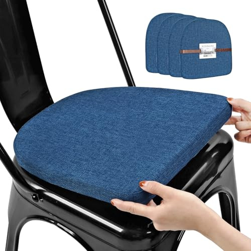 BUYUE Friendly Woven Fabric 14x14 Magnetic Cushions for Metal Chair Set of 4, Enhanced Anti-Slip Seat Pads for Dining Kitchen Café Stackable Chairs (U-Shape, Dark Blue, 4 Counts)