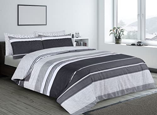 Charlotte Andersen Double Bed Charcoal Grey Stripe Duvet Cover, Reversible Easy Care Poly Cotton Bedding With Pillow Cases (GREY, Double)