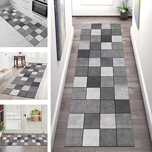 Teppich Läufer Flur Küche rutschfest waschbar Teppichläufer Lang 90X400CM Grau Schwarz Küchenläufer Meterware Korridor Tepiche Esszimmer Schlafzimmer Wohnzimmer Schmutzfangmatte Breit 40-120cm