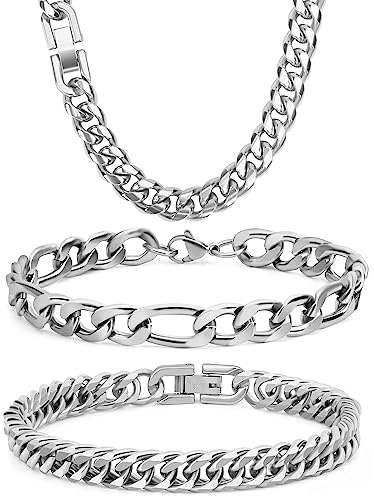 Aospkle Männerschmuck Edelstahl Kette Geschenk für Männer 3-teiliges Set aus kubanischen Glieder-Figaro-Armband und Halskette, kubanische Glieder-Figaro-Kette für Herren, Schmuckset mit, 18/21/23 cm