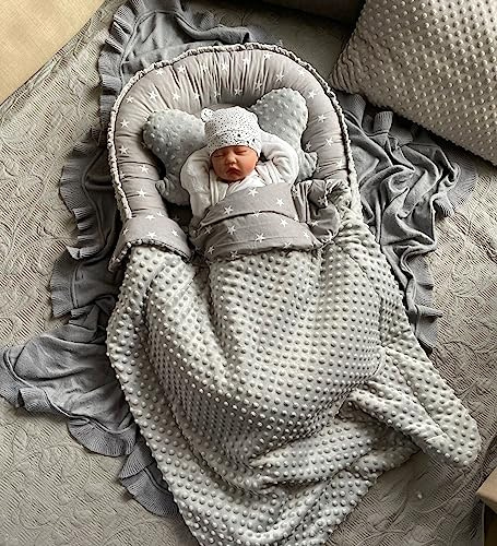 LOOLAY Babynest Set 85 cm x 60 cm - Baby nestchen Tragbar Nest aus Minky - Babynestchen Neugeborene Handmade EU - Baby Nest 3 Teilig - Minky Sterne Grau