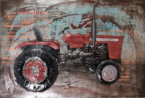 Handgefertigtes Metallbild Traktor Rot ca. 120x80 cm Kunst Bild 3D-Optik Wandbild