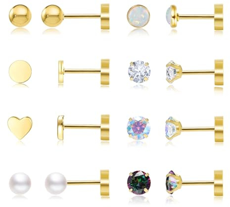 DAILI Hypoallergeniska titanörhängen med platt baksida, 6 par skruvstift i guld för kvinnor män silver små helix örhänge brosk tragus piercing smycken, Small, Rostfritt stål, Ingen ädelsten