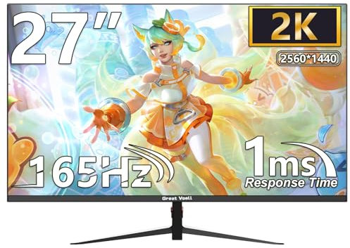 Great voell 27-Inch Gaming Monitor, 165Hz, 2K QHD (2560x1440P), HDR, 99% sRGB, FreeSync, Anti-Blue Light, VESA Mountable, HDMI 2.0 & DP 1.4, Tilt Adjustable, 16:9 PC Screen