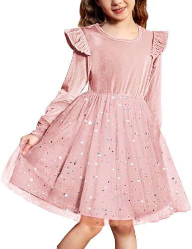 Arshiner Abiti da Bambina Abito in Velluto Girocollo Abito in Tulle con Volant Abito a Maniche Lunghe Abito da Scuola Abito da Sera per Bambini Abito da Festa Blu con Paillettes 2-3 Anni