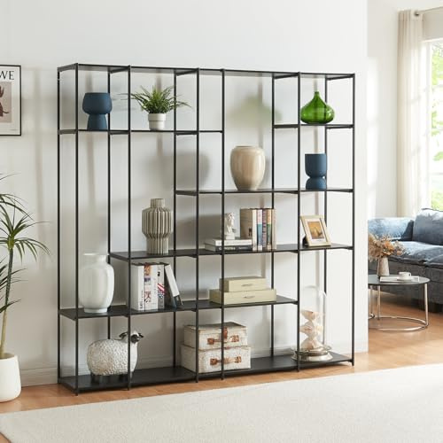 [en.casa] Bücherregal Rælingen offener Bücherschrank mit offenen Fächern 180 x 180 x 33 cm Wohnzimmer Stauraum Metallgestell Standregal Schwarz