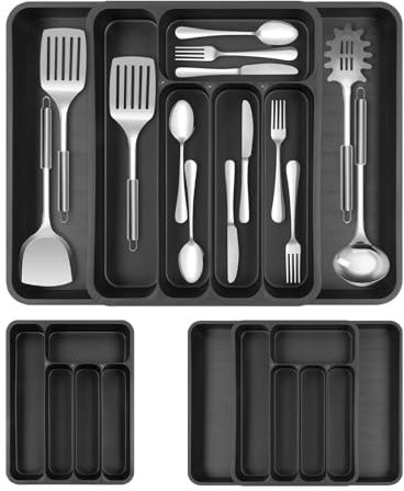 AiQInu Portaposate da Cassetto, Organizer Cassetti Cucina Espandibile, Porta Posate, Portaposate per Cucchiai, Forchette e Coltelli, Grande, Nero, 50x36x5.3cm