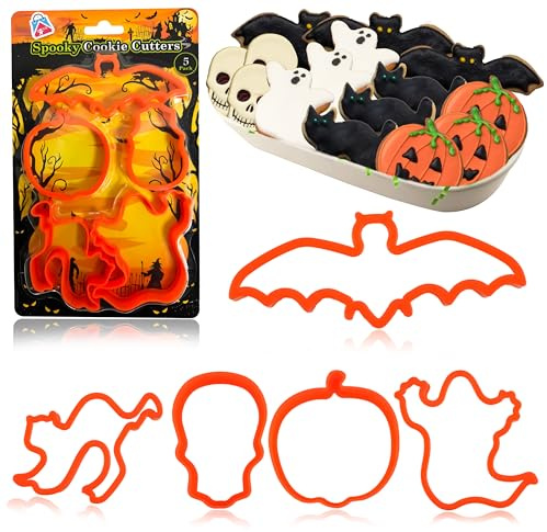 5 Pieces Halloween Cookie Cutters, Reusable Plastic Biscuit Cutters, Dishwasher Safe Ghost Pumpkin Bat Cat Skull Shape Spooky Cookies Cutters for Baking Accessories