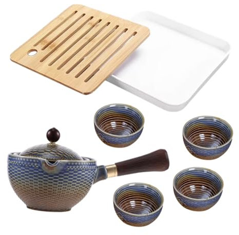 MOLUCKFU Juego De Té De Viaje Tetera Giratoria Cerámica Azul y Cuatro Tazas Portátiles Bolsa De Almacenamiento para Exteriores y Hogar