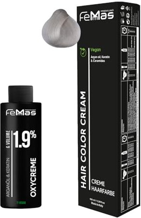 Femmas Haarfarbe Set Superaufheller Silber 912 I Hair Color Cream 100ml + Oxycreme 100ml 1.9% I Permanente Haar-Coloration + Entwickler I Schonend & langanhaltend I Salon-Haarfarbe für Zuhause