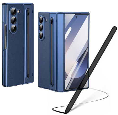 Hülle für Galaxy Z Fold6 mit Stylus Pen, Z Fold 6 Cover mit Displayschutzfolie vorne + S Pen-Steckplatz, Lederhülle für Samsung Galaxy Z Fold6 mit Scharnierschutz-Blau