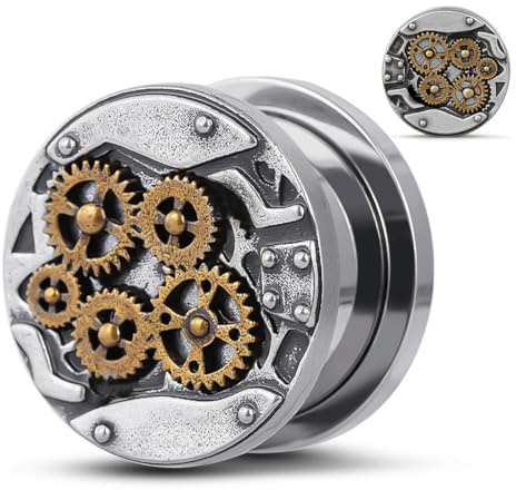 COOEAR Túnel de oreja y tapón de acero inoxidable, calibre de carne para pendientes, diseño de engranajes industriales., 9/16(14mm), Acero inoxidable, Arenisca