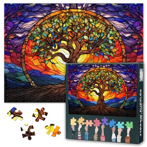Albero della Vita Puzzle per Adulti 1000 Pezzi Stile Vetro Colorato Puzzle Albero della Vita e Sole Puzzle 1000 Pezzi, Puzzle Impossibile, 49,5 x 69,5 cm