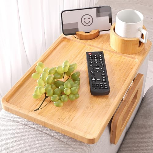Fibogollo 3 in 1 Sofa Tray,Bamboo Folding Couch Arm Tray with Cup holder and Phone Holder,Sofa Armrest Trays Clip-On Sofas Desk for Drinks,Snacks,Phone,Remote Control（Natural）