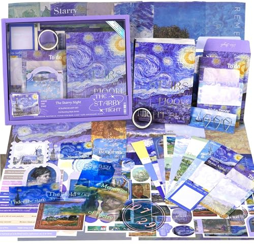 Funto Scrapbooking Kit(116 PCS), Oil Painting Series-The Starry Night, Perfect for Bullet Scrapbooking Materials, Planner DIY Arts Craft Collage