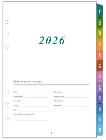 2026 Wochenplaner Einlage A5 6 Löcher, Deutsch, 1 Woche auf 2 Seiten mit Tabs,A5 Format, Wochenübersicht mit To-Do Liste, datiert mit Feiertagen, Extra Notizen & Kontakte, Jan–Dez, 100g/m² Papier