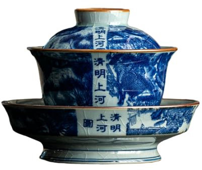 Ming Shanghe Tu Teeservice im chinesischen Stil, blaue und weiße alte Töpferei mit drei Deckeln, Kung-Fu-Tee-Set im Palast-Stil