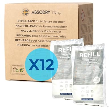 Absodry, ricarica per deumidificatore, 12 x 600 g, compatibile con AbsoDry, previene odori e lega l'umidità, sacchetto di essiccante con granulato per deumidificatore, confezione di ricarica per