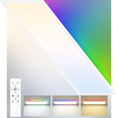 zemty RGB LED Panel Deckenleuchte 120x30 cm, 42W 4600LM Vielfarbig Deckenlampe Flach mit Fernbedienung Dimmbar, 3000-6500K Tageslichtlampe Decke Lang für Küche Schlafzimmer Wohnzimmer