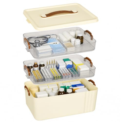 Förvaring av läkemedel, 3 våningar medicin låda med bärbart handtag, medicinarrangör, multifunción förvaringsbehållare för medicin, prylar, smycken läkemedel sytillbehör (krämfärgad)