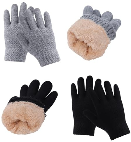 Fjquamitix 2 Pairs Kids Winter Warm Gloves Soft Thermal Knit Gloves with Fleece Lining for Children Ages 5-12 Outdoor Skiing Running (Black+Dark Grey)