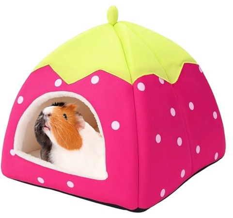 DvBCNMe Meerschweinchen Bett, Kuscheliges Winterhaus für Meerschweinchen Zubehör, Pinke Erdbeerhöhle Mit Weichem Polster, Ideal Als Hasenbett Und Ratten Zubehör