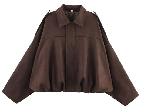 Wildlederjacke Damen Kurz Oversized Bomberjacke aus Weichem Kunstwildleder lässig trendig, Lange Ärmel, Streetwear Winterjacke für Übergangszeit, Kurze Lederjacke im Casual Look Oberbekleidung