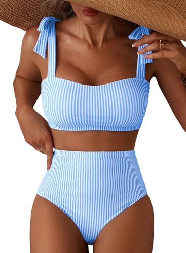 Herseas Women's Striped Bikini Sets Shoulder Strap Knot Removable Pads 2 Piece Swimsuits High Waisted Tummy Control Bathing Suits Teen Cruise Essentials Large Blue Stripes