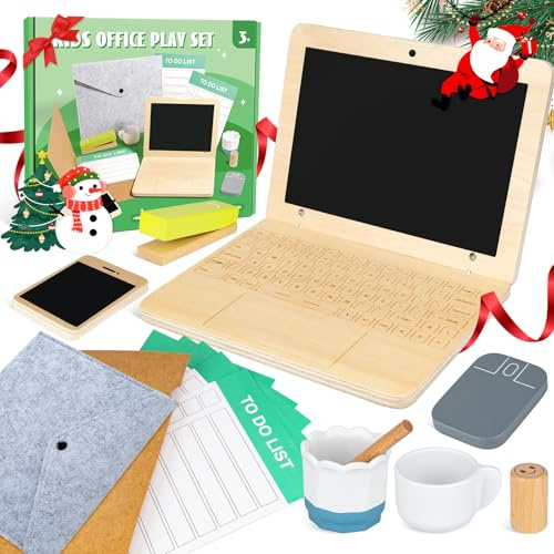 Set da ufficio in Legno per Bambini, Commodum Giocattoli per Giochi di Ruolo, Laptop e Telefono, Mouse, Tazza, Timbro per Bambini dell'asilo, Regali di Natale per Ragazzi e Ragazze