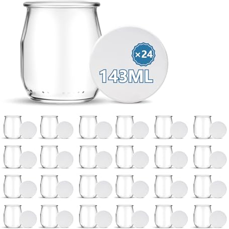HEEKSE Lot de 24 Pots de Yaourt en Verre avec 48 Couvercles (143 ml)-Fabriqué en France