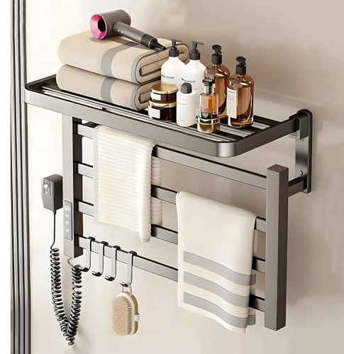 Toallero Eléctrico Pequeña, Radiador Toallero Eléctrico Bajo Consumo, Toallero de Pie o Pared para Baño Secado Rápido, Calefacción de Fibra de Carbono, Temporizador, Pantalla LED, Termostato-Grey