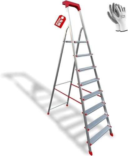 Scala Domestica in Alluminio Martina 8 Gradini con Piattaforma, Pieghevole e Leggera, Vaschetta Portaoggetti, Portata 150 kg, Certificazione EN131, Made in Italy
