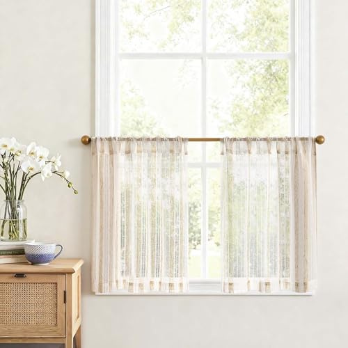 Vangao Scheibengardinen Voile Bistrogardine 2er Set 65B x 60H cm Beige | Küchengardinen Gestreift Weiß mit Leinenfarben Streifen, Landhausstil Boho Lichtdurchlässig Halbtransparent, Küche Fenster