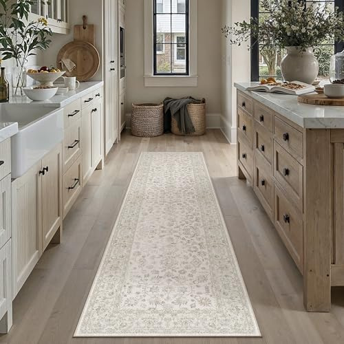 PureCozy Alfombra Pasillo Vintage Antideslizante Lavable Beige 60x240cm Alfombras Dormitorio Tapete Habitacion Pelo Corto Quarto Diseño Floral para Cocina Comedor Carpet