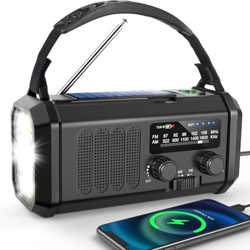 Dslive Wind Up Solar Radio, Portable Hand Crank AM/FM Radio, 20,000 mAh Rechargeable Emergency Radio with LED Torch, Reading Lamp, SOS Alarm, 5V USB Output for Outdoor Camping, Hiking