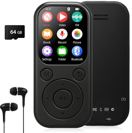 MP3 Player mit Bluetooth 5.3, Tragbarer Musikplayer mit 64GB Speicherkarte, FM Radio, Sprachaufnahme, HiFi Sound, MP3 & MP4 Player, Kinder MP3 Player, Kopfhörer inklusive, Unterstützt bis zu 128GB