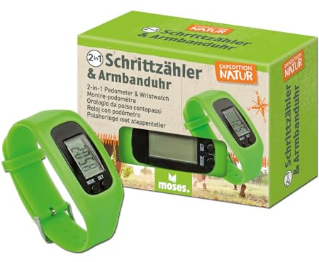Moses. Expedition Nature - Podómetro y Reloj 2 en 1, podómetro para niños con visualización de Tiempo, Distancia y calorías, Correa de Silicona Ajustable, Reloj al Aire Libre para niños