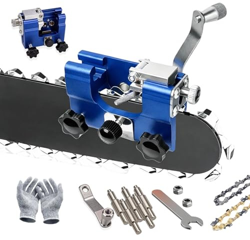 Das Original Universal Kettenschärfer Für Jede Kettensäge Kettensäge Schärfgerät, Sägekettenschärfgerät, Tragbarer Handkurbel-Schärfer Mit 5 Schärfköpfen (Groß3,Blau)