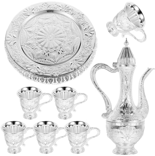 Toyvian Set Teiera Vintage in Lega di Zinco Argento 6 Tazze da Tè e Vassoio, per Matrimoni e Altre Festività, Servizio da Tè Elegante e Funzionale