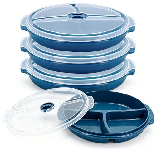 3 Mikrowellen Teller Mikrowellenteller mit Deckel Multischale 3 Fächerng | Portionsteller Mikrowellenteller Vorrats Dose Aufbewahrung Geschirr zum erhitzen Plastik Teller Bentobox mit Belüftun