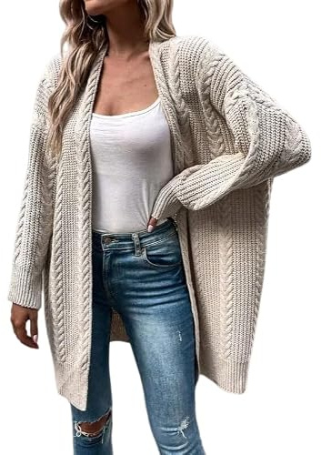 Gilets Femme, Gilet Long en Maille Torsadée pour Femme, Manches Longues, Ouvert sur Le Devant, Grosse Maille, Veste Confortable Et Oversize, Idéal pour Le Bureau, L'Automne, l'hiver Et Le Quotidien,