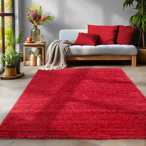 SIMPEX Tapis à Poils Longs, Unicolor - Monochrome, Tapis Rouge, 160 x 230 cm, Tapis de Style Moderne, Tapis Salon