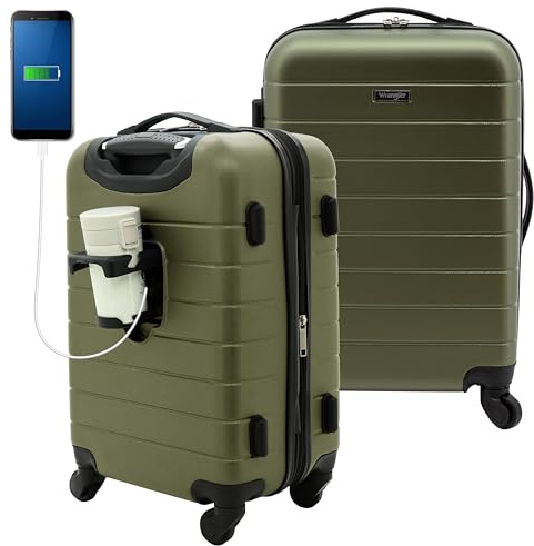 Wrangler Smart Luggage Set with Cup Holder and USB Port, Olive Green, 20-inch Carry-on