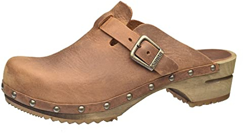 Sanita Kristel offener Clog | Original handgemacht | Leder-Holzclogs für Damen | Braun | EU 41