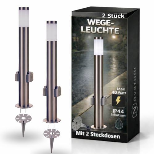 Novatool 2x Gartenlampen I 80 cm I mit 2 Steckdosen I mit Erdspieß I Edelstahl I IP44 I E27 Sockel I Gartenleuchten Stehlampen Säulenlampen außen Stromverteiler Mehrfachsteckdose Steckdosensäule