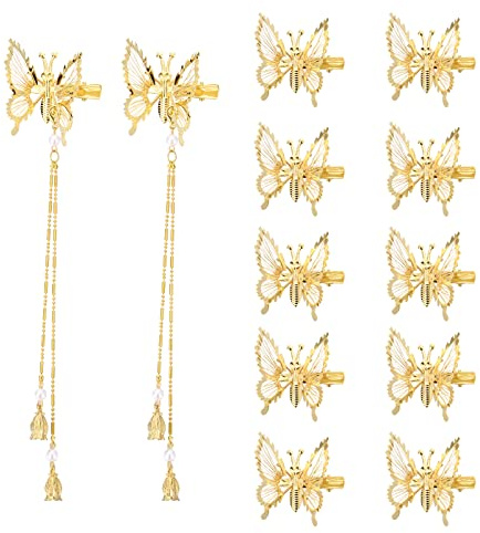 ONCHSH 3D-Haarspangen mit flatternden Schmetterlingen, 12 Stück, goldfarben, Metalllegierung Haarspangen (2 Quasten + 10 Basic), Hochzeitsfeier, Kopfschmuck, Haarschmuck für Frauen und Mädchen