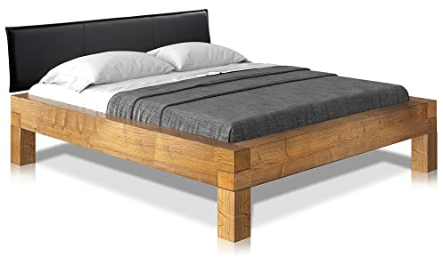 moebel-eins CURBY 4-Fuß-Balkenbett mit Polsterkopfteil, Material Massivholz, Thermo-Fichte