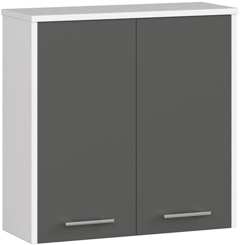 AKORD Badezimmer‑Hängeschrank FIN W60 2D 2-türig, B60 x H60 x T22,5 cm, Gewicht 18 kg | Weiß/Graphitgrau