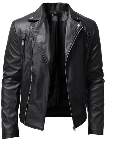 KCLEE Giacca in Pelle da Uomo Risvolto Punk Giacca da Moto da Uomo in Pelle PU Giacche Leggere da Moto Giacca Slim Fit Colletto in PU Giacca Risvolto da Motociclista Maschile Giacche con Cerniera